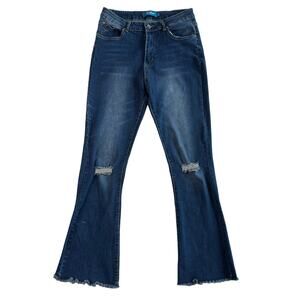 Klowa Super Flare Women's 11 Medium Wash Denim Raw Hem Stretchy Blue Jeans